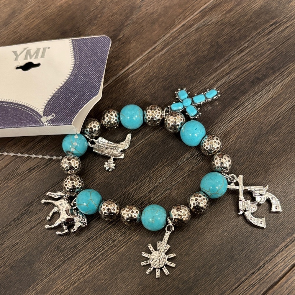 YMI Faux Turquoise Cross,silvertone hammered bobbles,horse,boot,gun,stretch